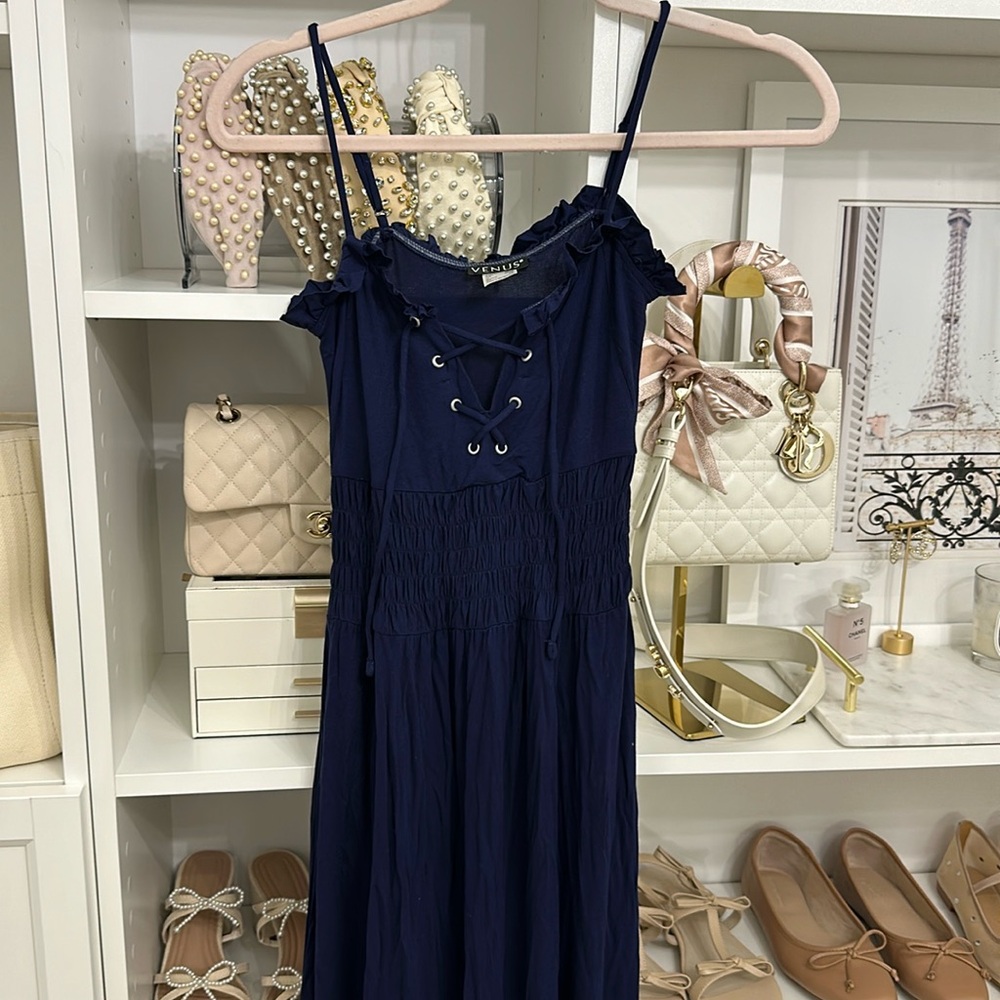Venus Navy Lace up maxi dress XS